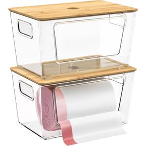 2 Pack Trash Bag Holder,Stackable Trash Bags Dispenser with Bamboo Lid,Extra Large Garbage Bag Holder for Kitchen, Laundry Room,Under Sink Storage Organization
