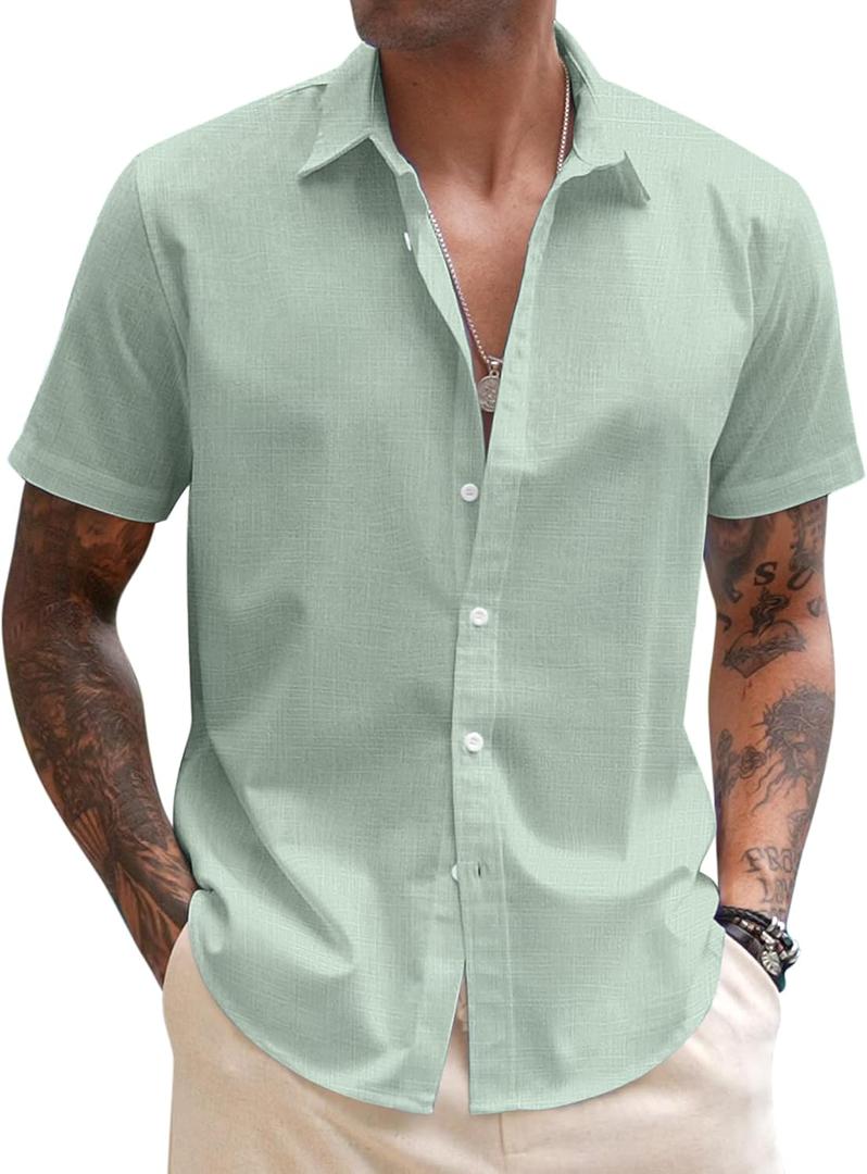 COOFANDY Mens Linen Casual Short Sleeve Shirt Button Down Summer Beach Shirts (Large, Sage Green)