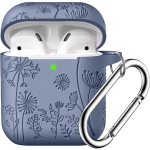 Lerobo Flower Engraved Case for AirPods Case Cover, Stylish Soft Silicone Protector with Keychain, Compatible with Apple AirPods 1st/2nd Generation Charging Case, Front LED Visible, Blue Gray