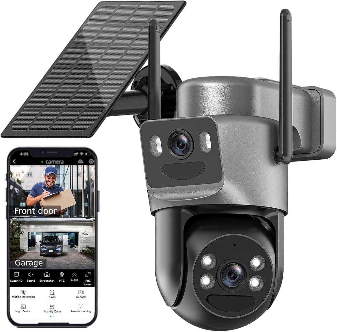 Kurain Solar Security Cameras Wireless Outdoor, 2.4G/5G WiFi 6, Dual Lens Security Camera with 6MP Color Night Vision/Motion Detection/Human Tracking/Spotlight Siren/2-Way Audio/360PTZ/Alexa (Grey) Kurain Solar Security Cameras Wireless Outdoor, 2.4G/5G WiFi 6, Dual Lens Security Camera with 6MP Color Night Vision/Motion Detection/Human Tracking/Spotlight Siren/2-Way Audio/360PTZ/Alexa (Grey)