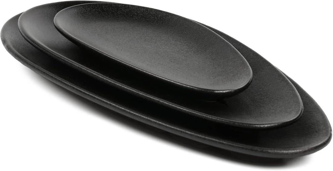 vicrays Large Oval Serving Platters, 16"/14"/10" Porcelain Serving Platters for Party, BBQ,Stackable Serving Trays Serving Plates for Appetizers, Sushi, Restaurant, Set of 3 (Black)