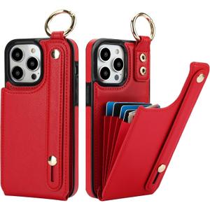 Folosu for iPhone 14 Pro Max Wallet Case with Card Holder, Hand Wrist Strap Loop Holder Kickstand, RFID Blocking Finger Grip Ring PU Leather Double Buttons Shockproof Cover 6.7" Red