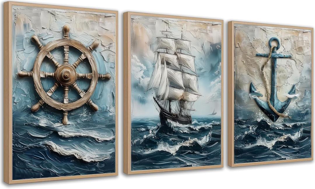 3pcs Vintage Nautical Canvas Wall Art Sailboat Rudder And Anchor Painting Pictures Nautical Coastal Posters Prints Wall Decor Antique Sailboat Nautical Artwork for Home Living Room Bedroom Unframed