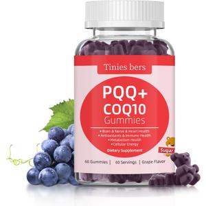 PQQ Gummies Supplement 40mg, CoQ10 Gummies 100mg for Adults, Two Ways Support Cellular Energy & Brain, Nerve, Heart, Immune Health, Antioxidant, Non GMO, Gluten Free, Vegan, Sugar Free, Grape, 60