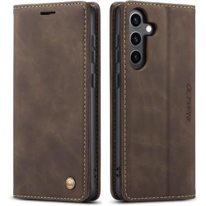 QLTYPRI Case for Samsung Galaxy S24 FE, Vintage PU Leather Wallet Case Card Slot Kickstand Magnetic Closure Shockproof Flip Folio Case Cover for Samsung Galaxy S24 FE - Coffee Brown