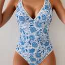 B2prity Women's V Neck One Piece Swimsuit Tummy Control Slimming Bathing Suit Double Straps Crisscross Back Swimwear (L)