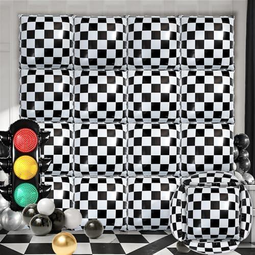 20Pcs Race Car Square Balloons Black and White Checkered Balloon Set for Boy Adult Wheel Tire Checkered Party Decoration for Racing Party Square Balloon Wall, Boys Birthday Favors 13.3In