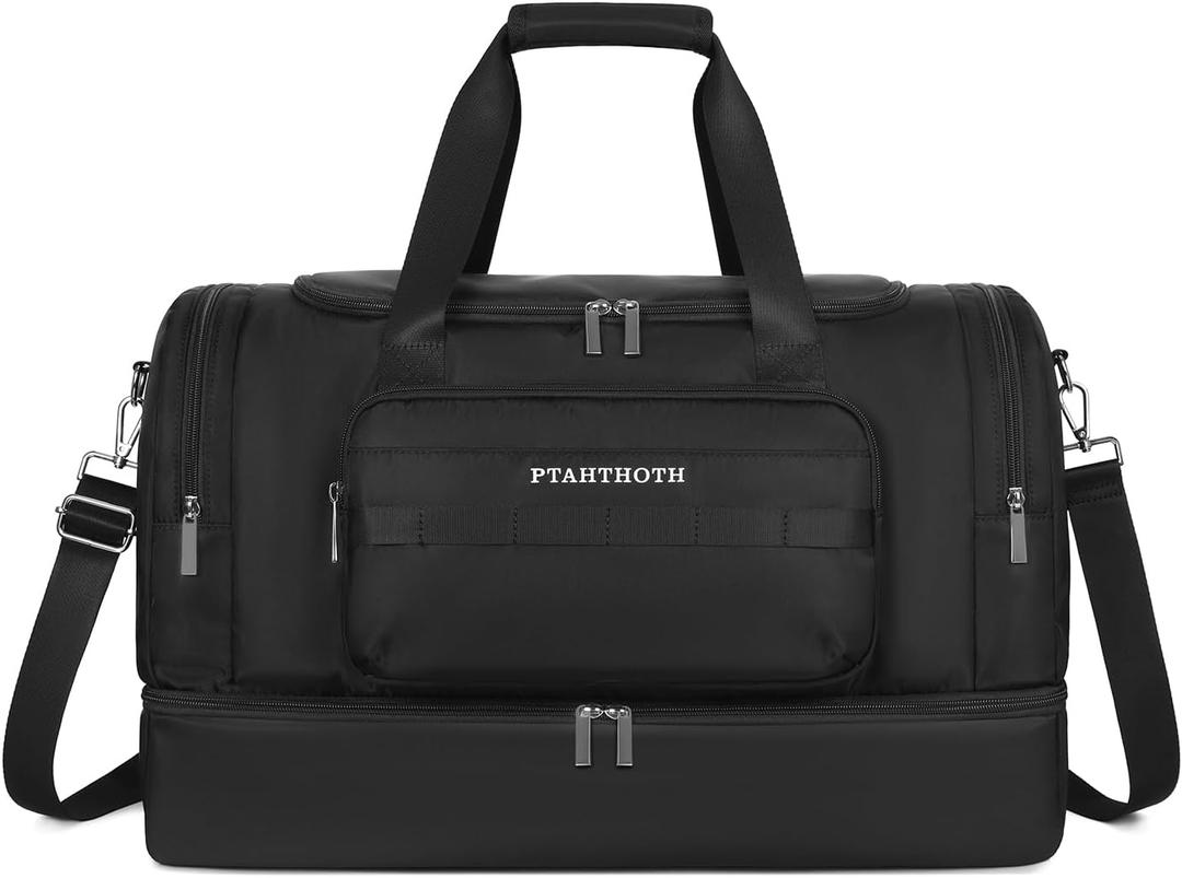 Large 42L Carry On Duffle Bag for Travel & Gym - TSA Approved Airplane Personal Item with Shoe Compartment & Wet Pocket, Water-Resistant Weekender Overnight Bag for Men Women (Black)