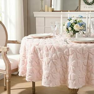 Horaldaily Bow Tablecloth 60×60 Inch Round, Pink Soft Plush Faux Fur Jacquard Bow Table Cover, Seasonal Dining Table Decoration for Dining Party Wedding Bridal Decor
