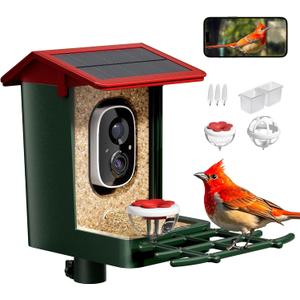 Smart Bird Feeder with Camera Solar Powered, 2K HD Video, AI Bird Species Identification, Instant Arrival Alerts, Weatherproof Design for Effortless Birdwatching, Best Gift for BirdLovers, Red