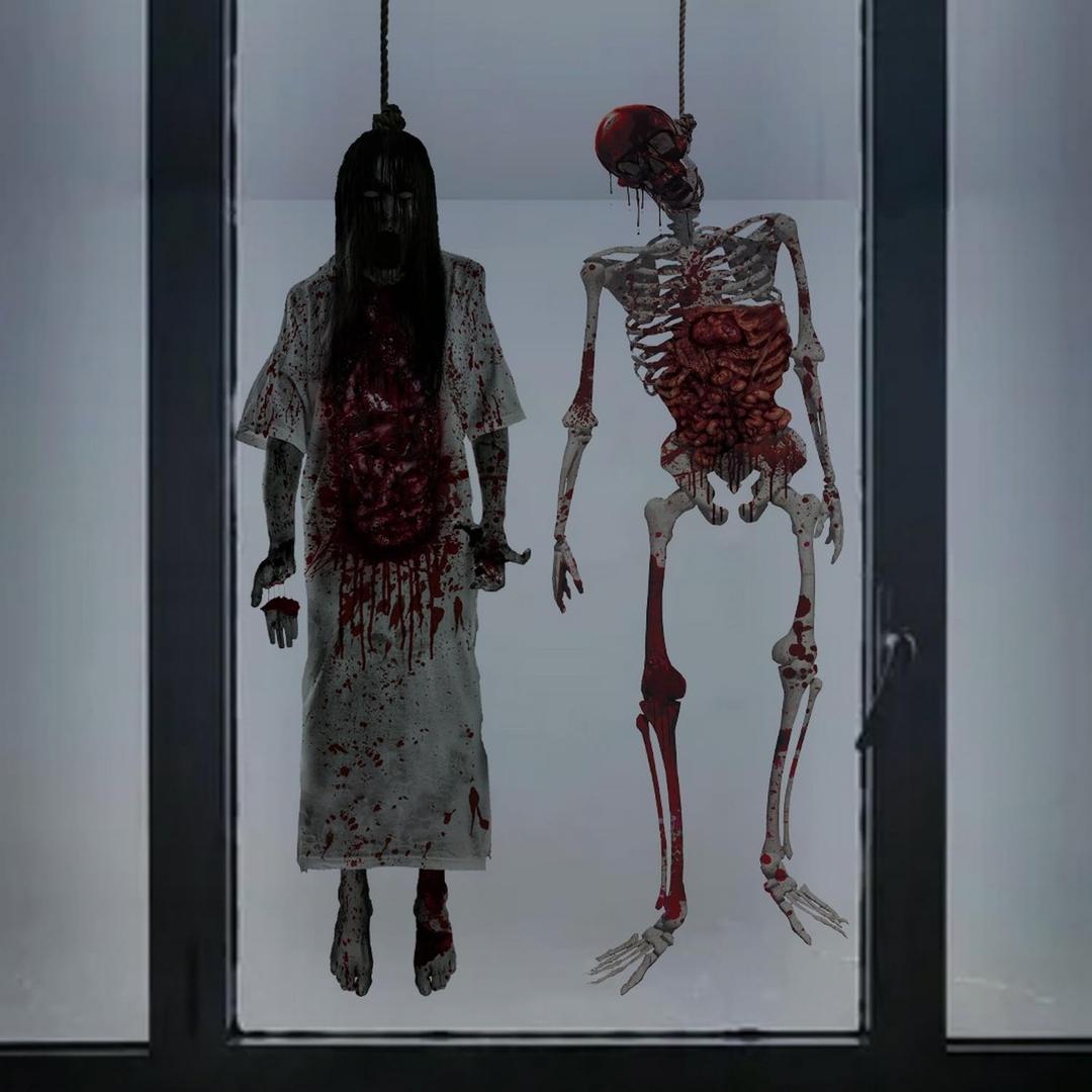 Halloween Decorations Window Clings Decor Scary Female Ghost & Skeleton Ghost Horror Halloween Glass Stickers Decals Hanging Women Ghost School Home Office Party Supplies for Glass Windows (Style 18)