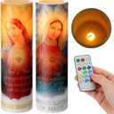 Landhoow 2 Pcs Jesus Candles Religious Flameless LED Prayer Candle Real Wax Baptism Candle Set Immaculate Heart of Mary and Sacred Heart of Jesus Battery Operated with Remote Control
