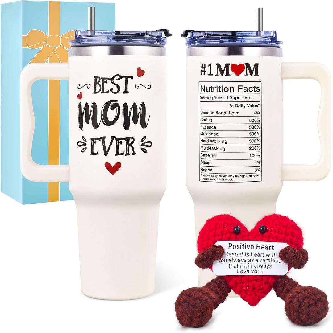 PINNORY Best Mom Ever Gift, 40 Oz Mom Tumbler & Handmade Heart Crochet Gifts Set, Best Mothers Day Gift for Mom from Daughter Son Kids, Funny Christmas Birthday Gifts for Moms Who Have Everything