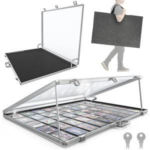 Ultra-Thin 31.4 x 23.6inch Portable Aluminum Card Display Case with Felt Tote Bag, High-Transparency Acrylic, 3 Anti Theft Locks, Sports Trading Card Show Case for Collectible Cards Jewelry Jersey (Silver)