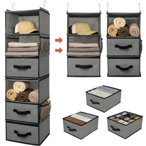 GRANNY SAYS 6-Shelf Hanging Closet Organizer, Separable to 2 Pack 3-Shelf, Closet Organization and Storage with 3 Different Drawers, 4 Side Pockets Wardrobe Clothes Organizer, Gray, 1-Pack