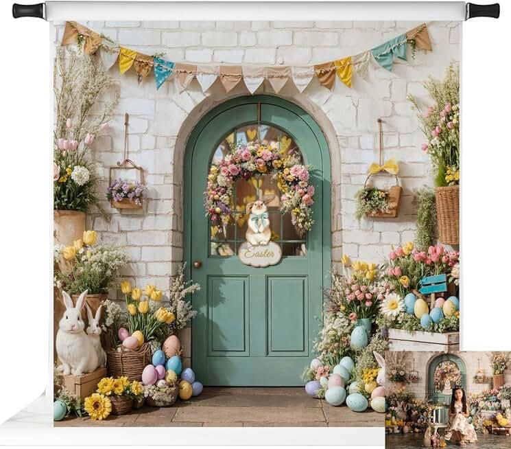Kate Easter Photo Backdrops White Brick Wall Rabbit Eggs Background Door Party Banner Props, 10x10ft