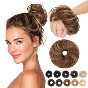 MY-LADY Messy Bun Hair Pieces Human Hair for Women Real Hairpiece Wavy Scrunchies Tousled Updo Donut Chignon Ponytail Extension Medium Brown & Dark Blonde