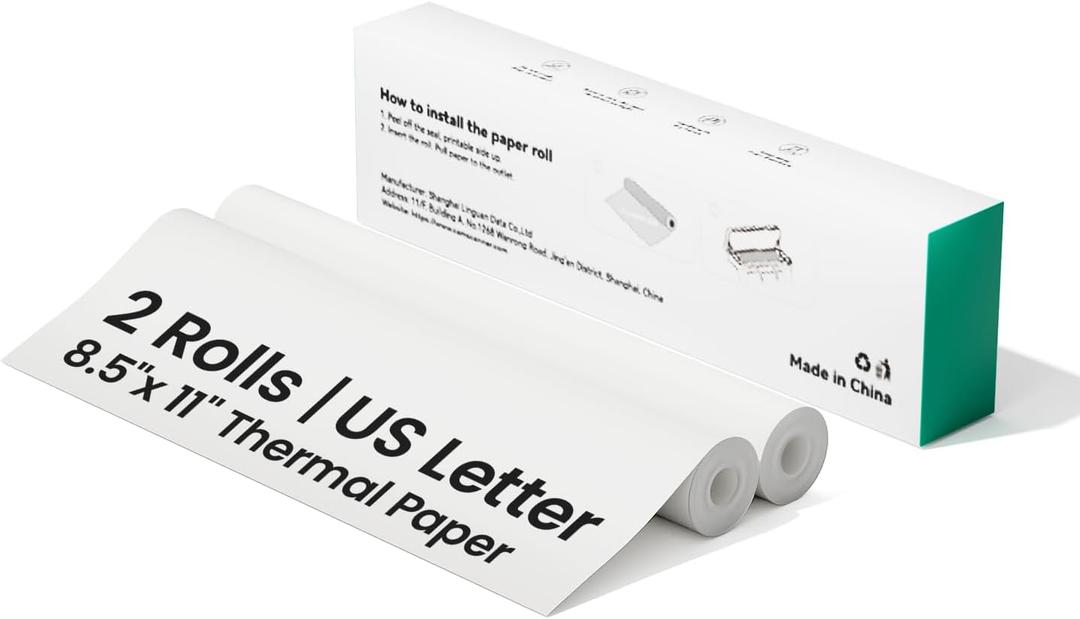 Thermal Printer Paper 8.5x11Inch, 2 Rolls Per Box, US Letter Size Printer Paper, Long-Term Archival Quality, Compatible with CamScanner P1 Pro Printer, Compact and Portable (44 Sheets)