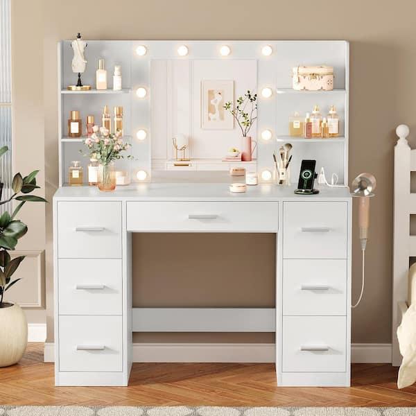 Makeup Vanity With Lights in 3-Colors, Vanity Desk with Large Mirror, Drawers and Shelves, White