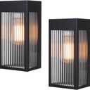 Cerdeco Black Outdoor Wall Light with Striped Tempered Glass,Modern Outdoor Wall Sconce with E26 Socket,2 Pack