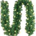 10FT Prelit Christmas Garland with 50 Lights, Timer, Waterproof Battery Operated Lighted Garland for Stairs Railing Christmas Outdoor Decorations