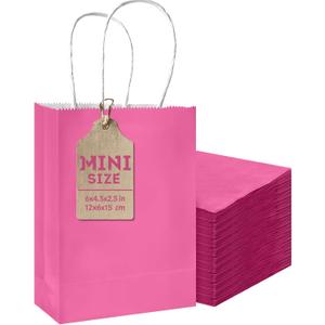 qiqee 24PCS Mini Gift Bag with Handles Bulk 4.5"x2.5"x6" Gift Bags Pink Bags Multiple Uses