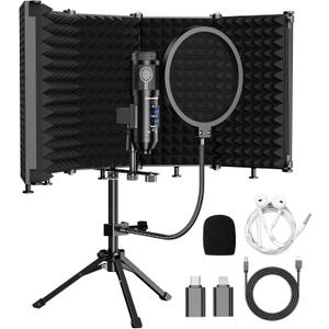 Upgraded Studio Recording Microphone with Isolation Shield & Pop Filter - Music Condenser Mic for Podcasting, Singing, Home Studio - Sound for PC, Laptop, Smartphone (Black)