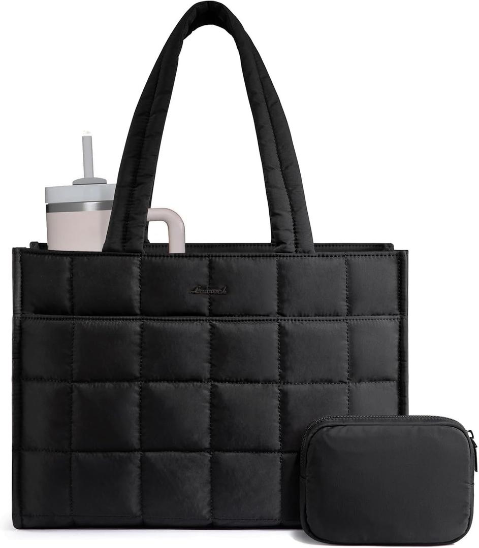 LOVEVOOK Tote Bag for Women, Puffer Work Handbag 15.6 Inch Laptop Purse for Nurse Teacher, Large Quilted Travel Tote Shoulder Bag with Zipper for College, Office, Clinical, Gym, Black