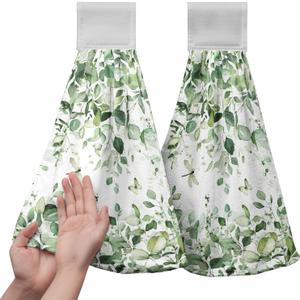 Eucalyptus Leaves Hanging Hand Towels Sage Green Leaf Kitchen Towels with Hanging Loop Spring Summer Floral Farmhouse Greenery Tea Dish Towels Soft Absorbent Fingertip Bath Tie Towels for Bathroom