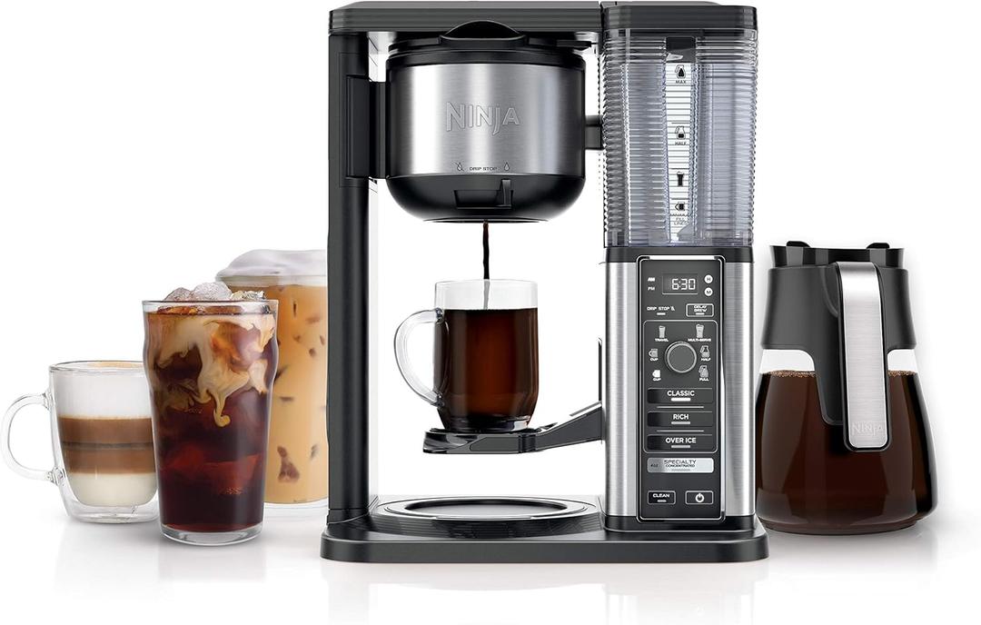Ninja Specialty Coffee Maker, Hot & Iced Coffee, 6 Brew Styles, 8 Sizes, Small Cup to Travel Mug, 10-Cup Carafe, Fold-Away Frother, Permanent Filter, Removable Reservoir, Black, CM401 (10 cup - Stainless Steel)