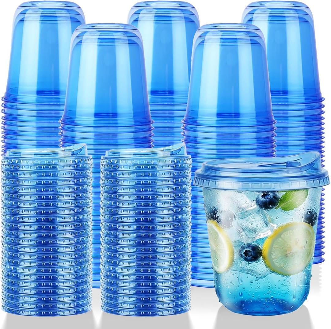 12oz Disposable Stemless Glasses With Strawless Sip Lids,PET Disposable Drinking Cups,Clear Plastic Wine Glasses for Parties Birthday,Wedding,Meeting,Christmas Party Supplies. (100, Blue)