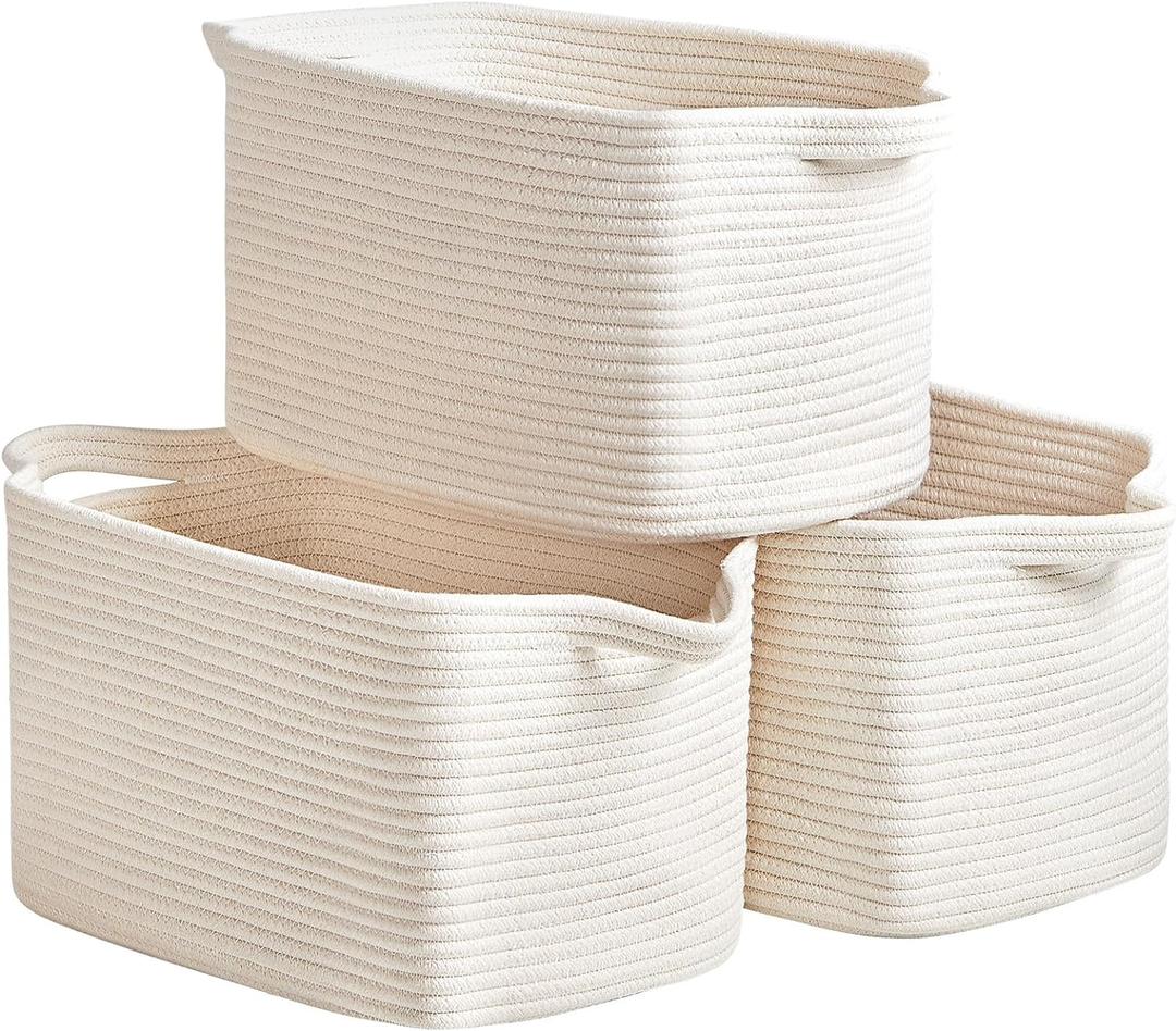 R RUNKA Cotton Rope Storage Basket 15"x10"x9"  Fabric Storage Bins for Organizing Clothes,Toys,Blankets  Durable Woven Storage Basket for Closet, Shelf & Living Room (3 Pack, White)