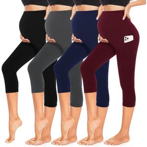 4 Pack Womens Maternity Leggings with Pockets Over The Belly Butt Lift - Soft Workout Pregnancy Yoga Pants (Medium, 04-black/Burgundy/Navy Blue/Grey)