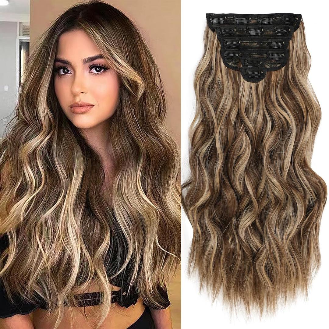 Clip in Hair Extensions for Women, Brown with Blonde Highlights, 20 Inch 6PCS Hairpieces Long Wavy soft Thick Hair Extensions clip ins