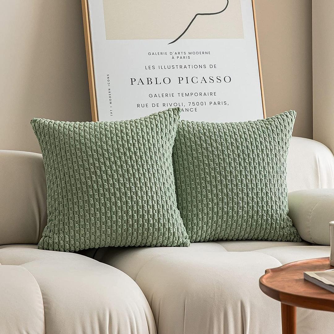 Kevin Textile 2 Packs Decorative Throw Pillow Covers 16x16 Inch for Living Room Couch Bed Sofa Spring Soft Striped Corduroy Square Cushion Case 40x40 cm Farmhouse Boho Home Decor Sage Green