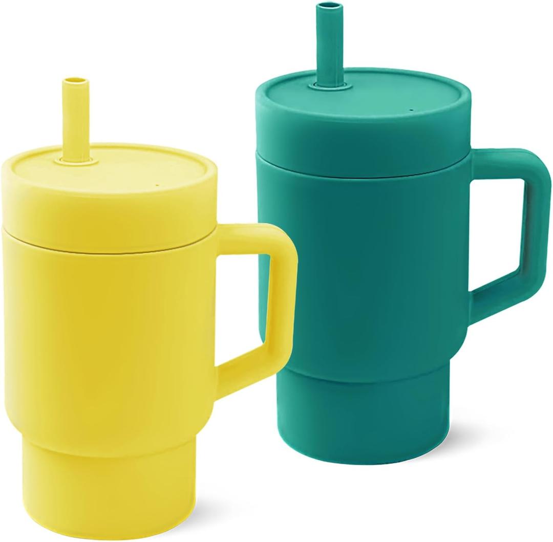 DLOCCOLD Silicone Straw Cup, Adorable Miniature Tumbler with Straw Handle, Tumbler Cup, 10oz, Easy to Clean (Beige) 2 Packs