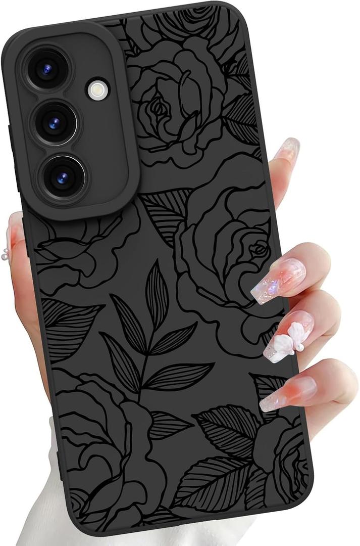 OOK Compatible with Samsung Galaxy S25 5G Case, Silicone Black Flowers Floral Rose Cute Pattern, TPU Camera Protection Soft Slim Shockproof Phone Cover for Women Girls- Black Rose