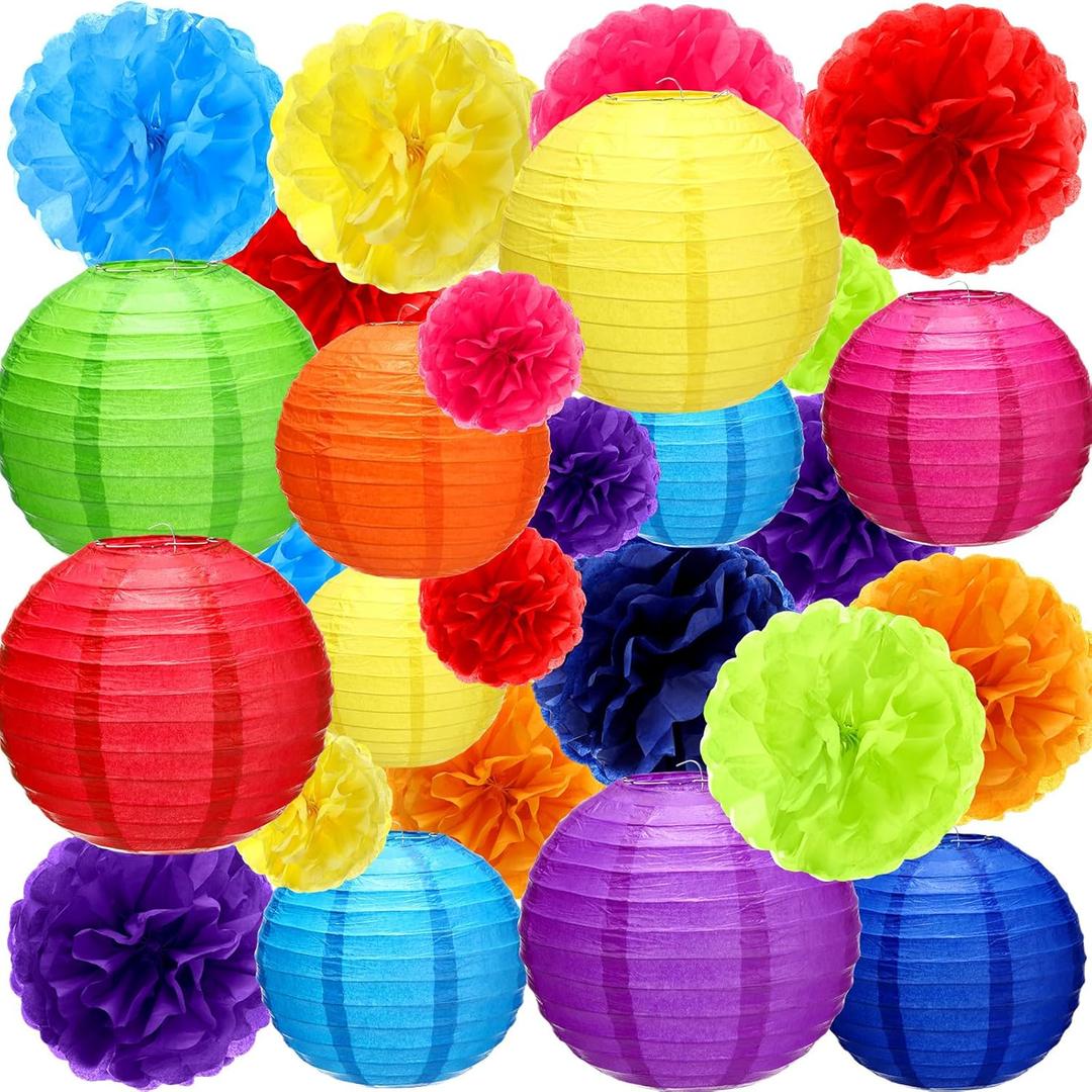 52 Pcs Mexican Fiesta Party Decorations 24 Fiesta Rainbow Tissue Paper Pom Poms 28 Hanging Paper Lanterns for Black History Festival, Cinco De Mayo Rainbow Parties Birthday Baby Shower