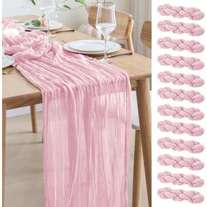 Asee'm 12PCS Table Runner Cheesecloth 10FT Blushing Pink Boho Gauze Fabric Rustic Sheer Cheese Cloth Runners for Wedding Bridal Shower Thanksgiving Party Christmas
