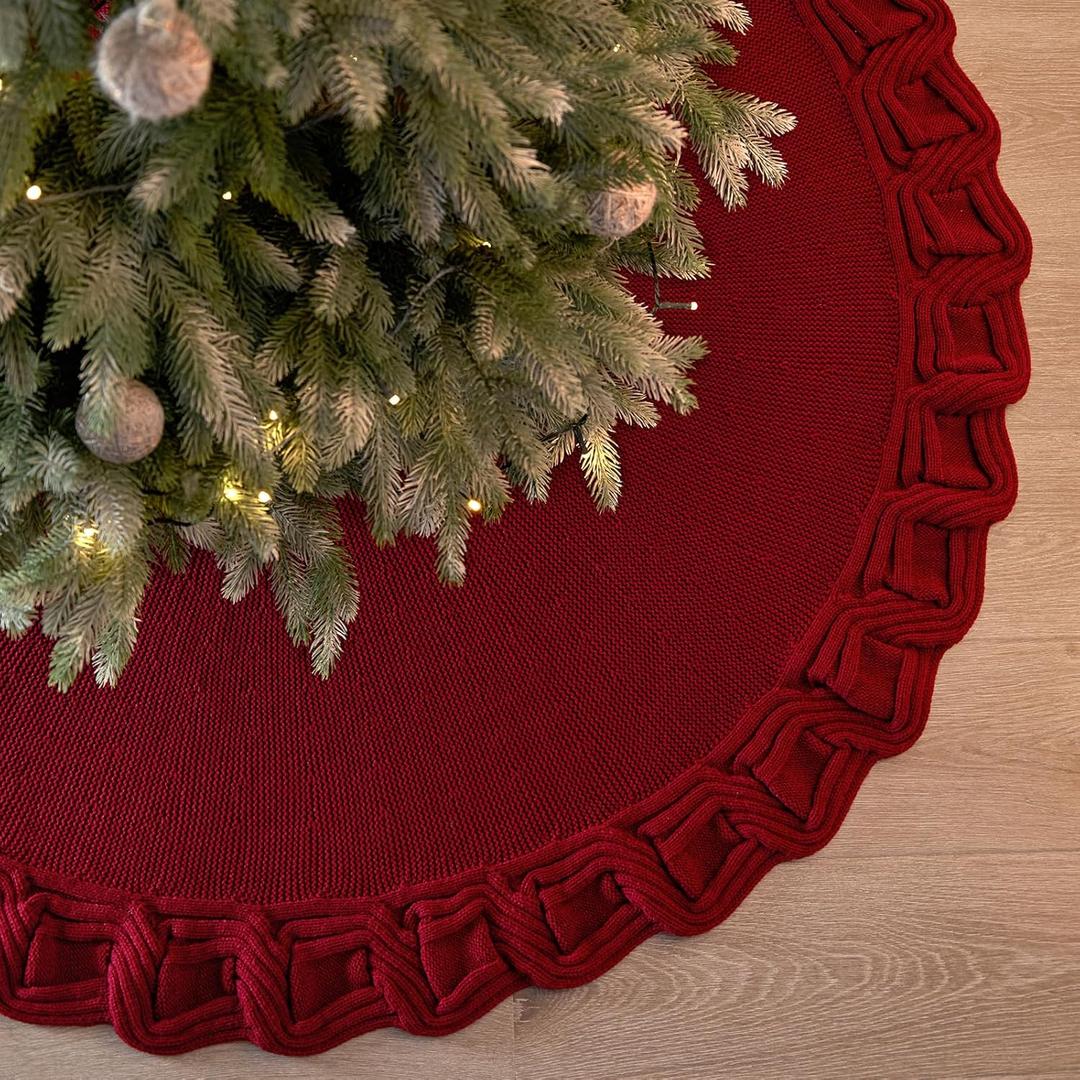 KHOYIME Red Knitted Christmas Tree Skirt 36 Inches, Rustic Vintage Large Xmas Tree Rug Skirt Chunky Thick Knit Boho Under Tree Skirt, Farmhouse Indoor Holiday Decorations New Year Home Party Decor