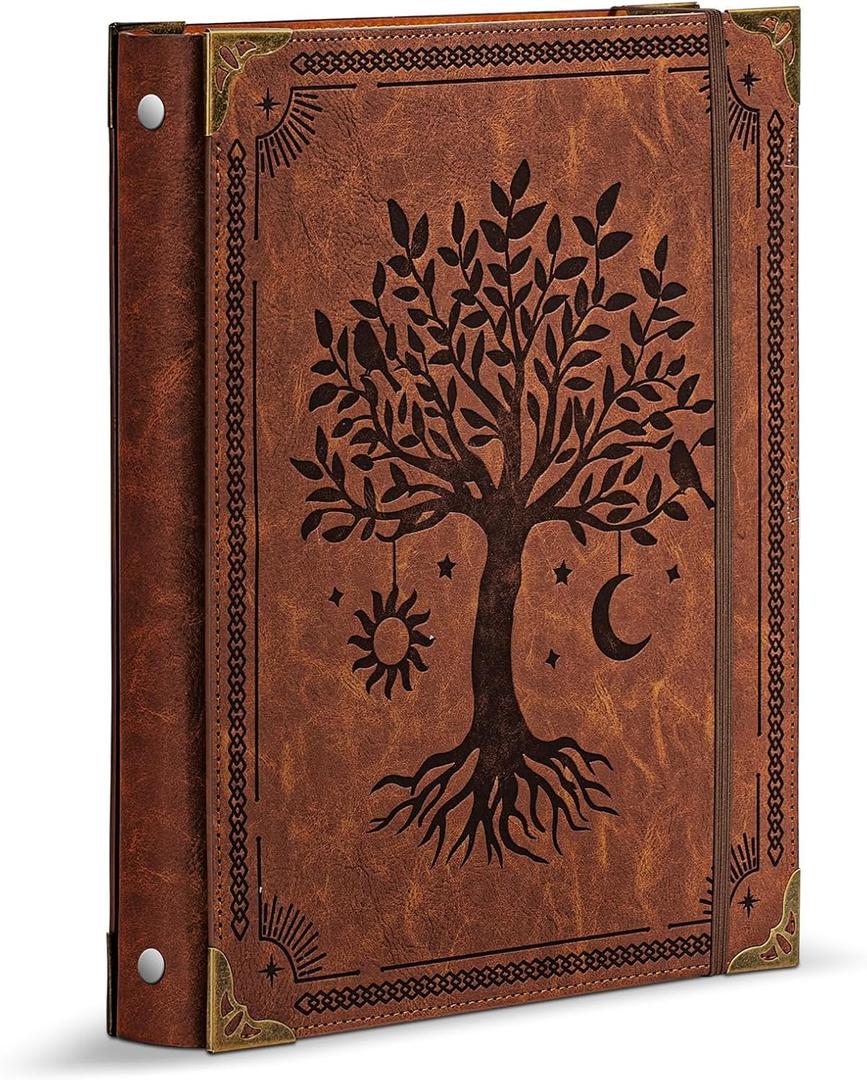 Ovesmusl Leather 3 Ring Binder Fits 8.5"x11" Letter Size Paper, 1 Inch Round Ring Binder Holds 200 Sheets, Notepad Paper Cover Loose Leaf Organizer, Brown Tree