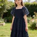 Girls Dress Summer Puffy Sleeve Embroidery A Line Chiffon Double Layer Smocked Shirred Kids Party Dresses, Size 14-15 Y