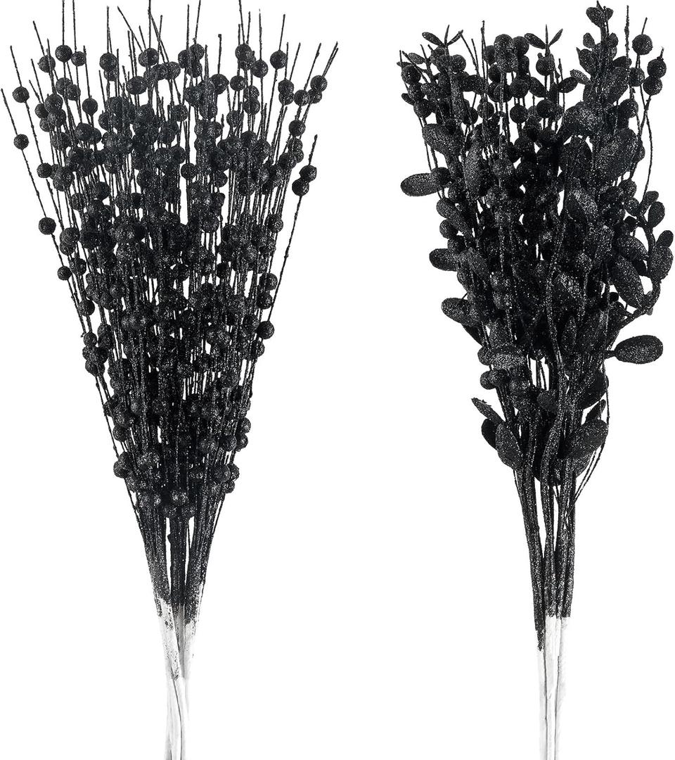 24-Pack Christmas Tree Picks Ornaments, Artificial Glitter Berry Stem Glittery Twigs Ornaments for Christmas Tree Decorations, Small Vase, Holiday, Wedding, Party Decorations (Black)
