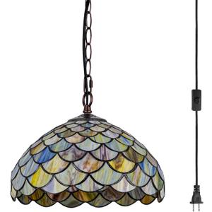 Tiffany Style Stained Glass Pendant Light Plug in, 12" Wide Fish Scale Design Hanging Lamp, 60 Inch Chain 15 Feet Cord Living Dining Room Bedroom Kitchen Home Office