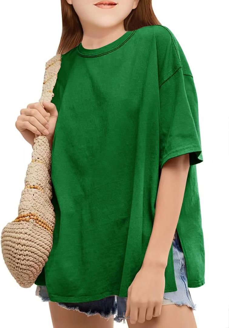 CharmWM Girls Fashion T Shirts Raw Hem Oversized Summer T Shirt Short Sleeve Tops Tees Shirt 5-14 Years (Green)