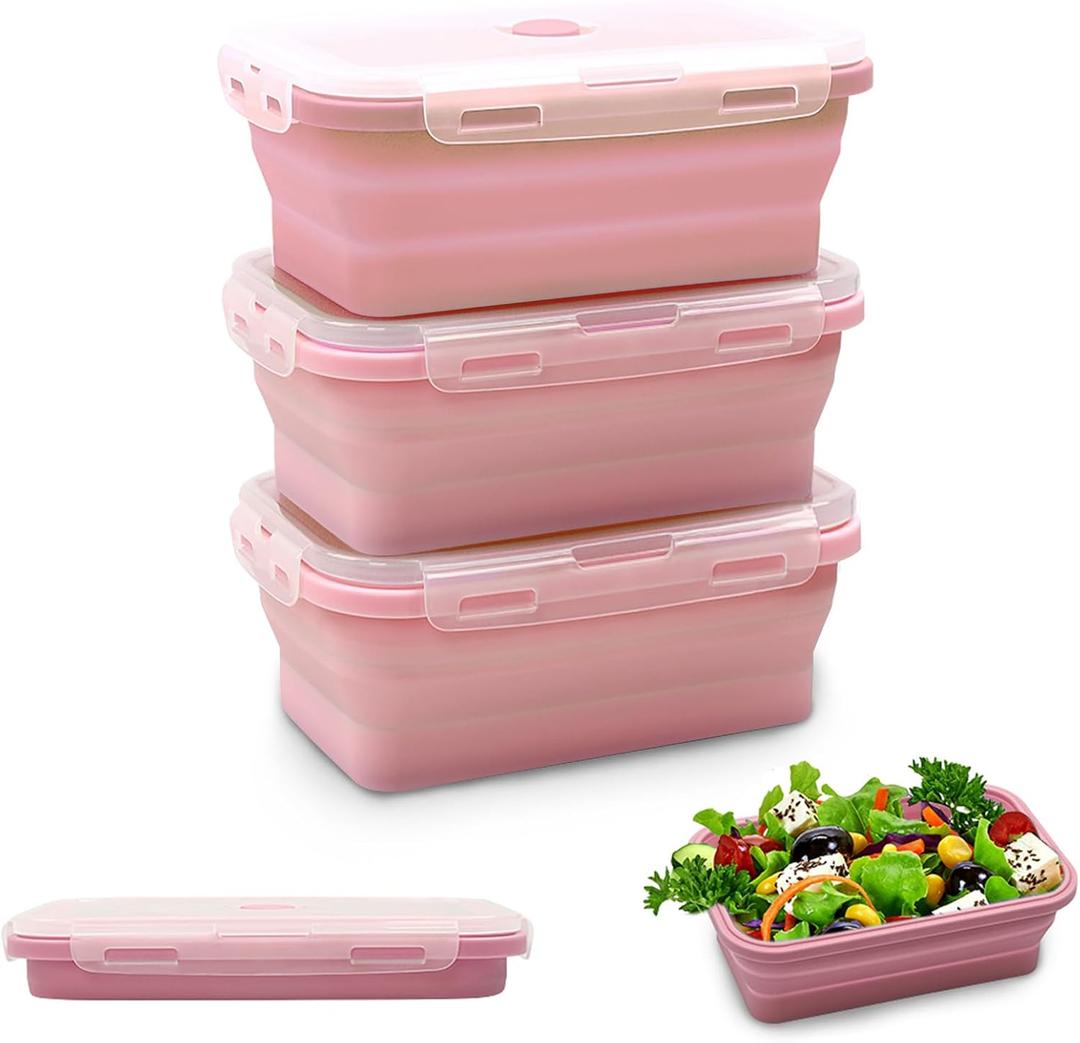 Alimat PluS 27oz Silicone Food Storage Containers, 3 Pack Set 800ml Collapsible Food Storage Containers with Lids(Pink)