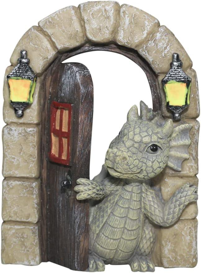 Dragon Garden Ornament Resin Craft Ornament Statue Fairy Door Yard Art Outdoor and Garden Solar Light Luminous Sand Open Door Dragon Wall Statue Outdoors Decor (Open The Door)