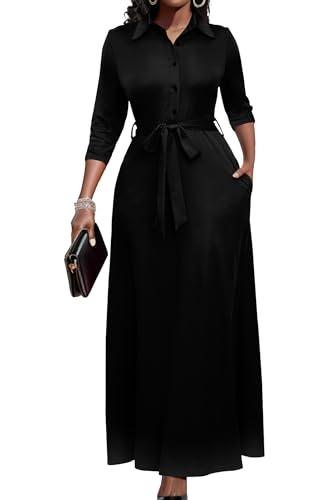 Women Black Church Dresses Maxi Button Down 3/4 Sleeves Print Dress Casual with Pockets, No Size