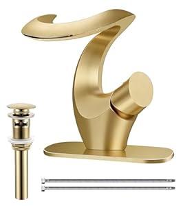 Elegant Alien Brushed Gold Bathroom Sink Faucet Single Hole, AUU Waterfall Vanity Sink Faucet Solid Brass, Single Handle Basin Tap with Pop Up Drian&Deck Plate
