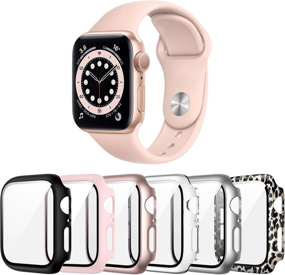 6 Pack Case for Apple Watch SE 3 (2025)/SE 2/SE/Series 6/5/4 44mm with Tempered Glass Screen Protector, Hard PC Ultra-Thin Scratch Resistant Protective Cover for iWatch 44mm Accessories (Black+Clear+Pink+Rose Gold+Silver+Classic Leopard)